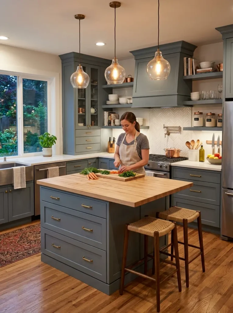 Organized kitchen with spacious counters, warm lighting, and functional layout combining beauty and usability