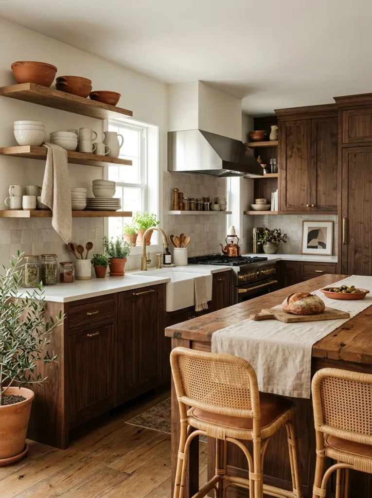 Open kitchen shelving decorated with oak trays, walnut cutting boards, and wooden utensils for warmth.
