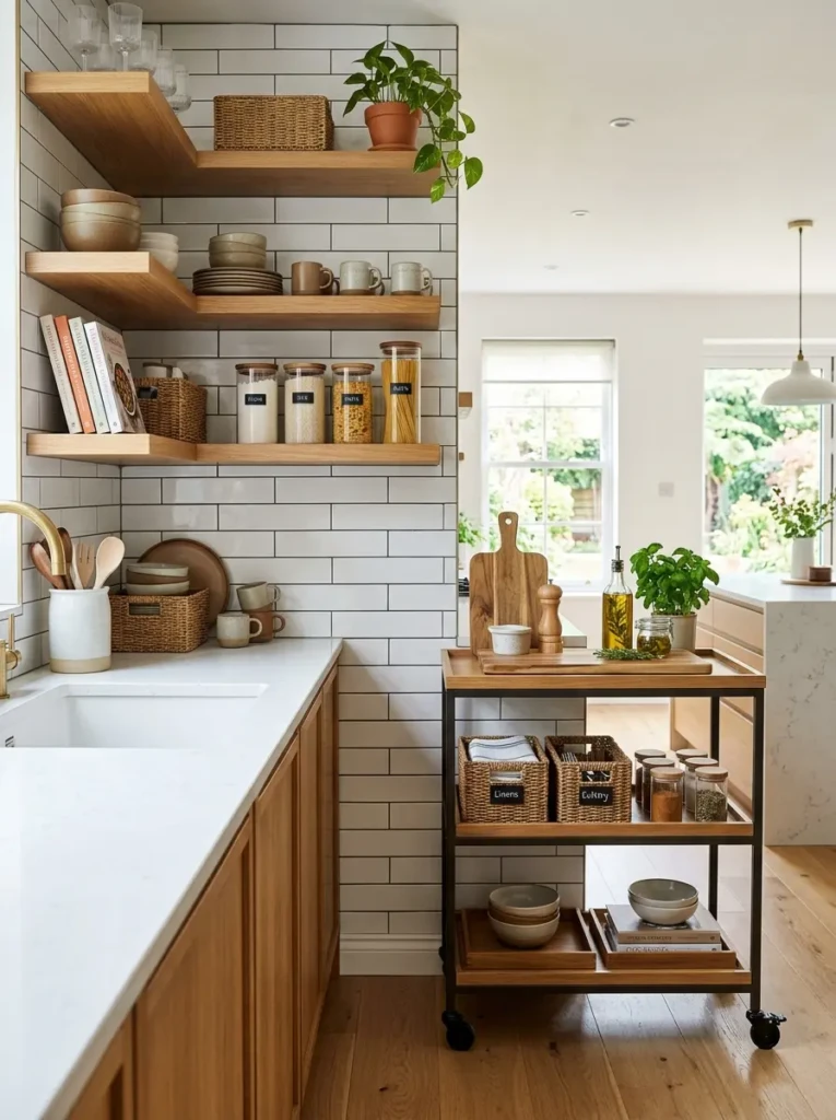 Modern kitchen trolley placed beside open shelves with matching baskets, trays, and wood finishes.