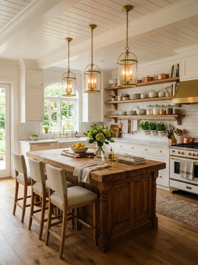Spacious white kitchen with oversized island, pendant lights, open shelves, and warm lighting in a timeless Nancy Meyers design