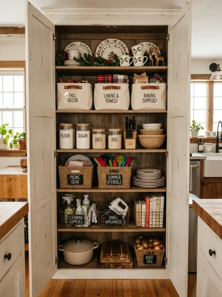 Interior of tall farmhouse cabinets with labeled bins, baskets, and seasonal kitchen storage.