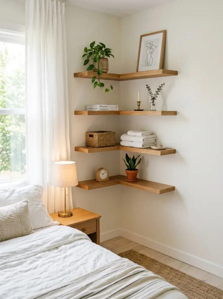 L-shaped floating shelves in bedroom corner styled minimally for smart space-saving decor.