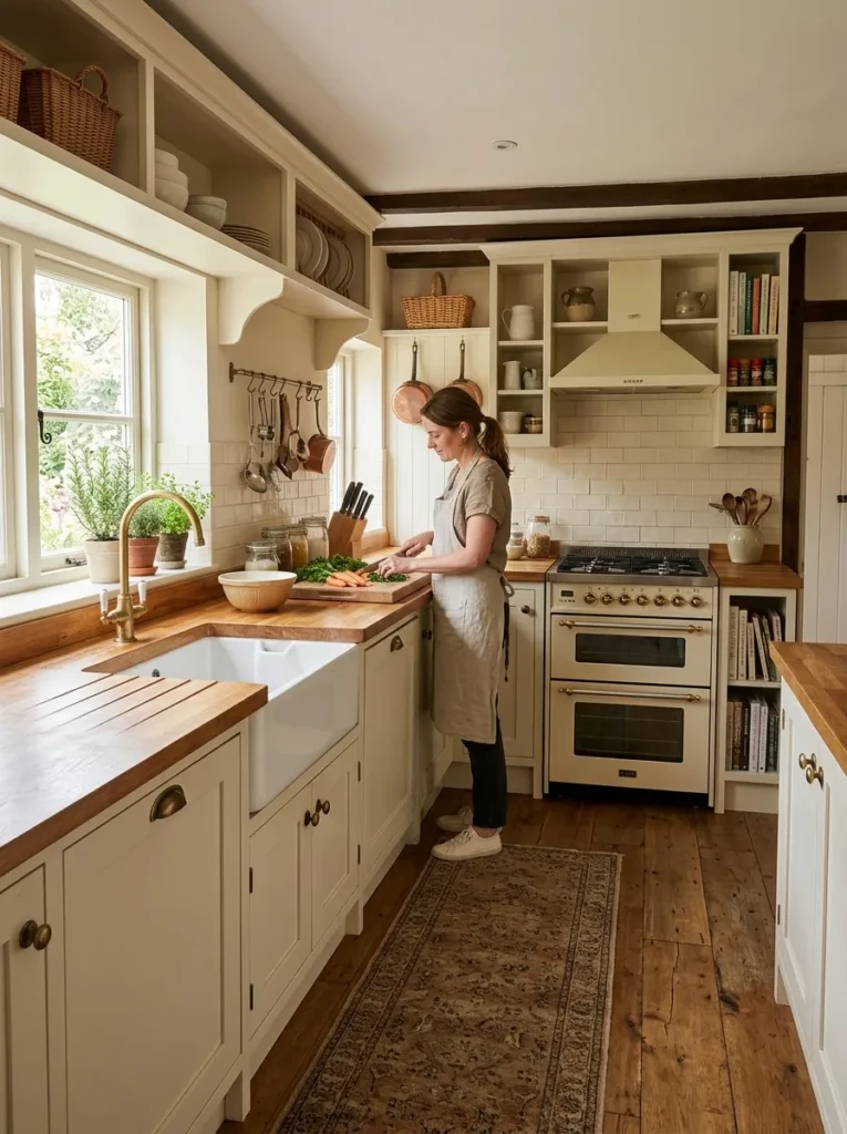 L-shaped small farmhouse kitchen with clear prep zones, creamy cabinetry, and warm wood countertops.