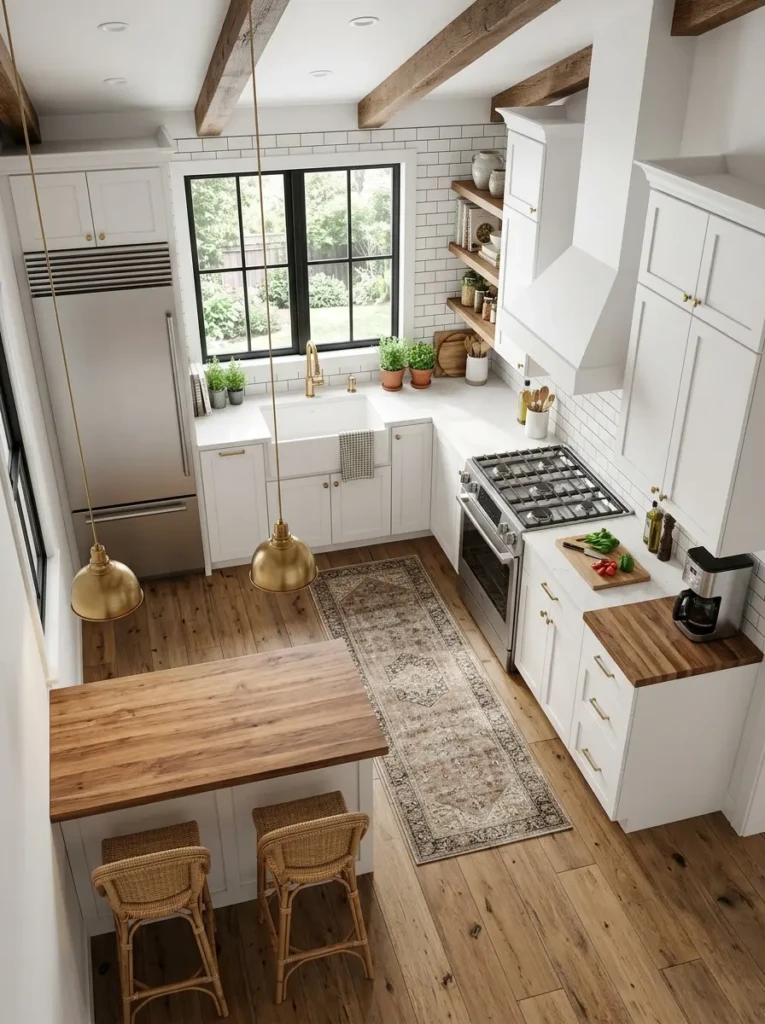 Compact L-shaped farmhouse kitchen layout with efficient work triangle and modern functional flow.