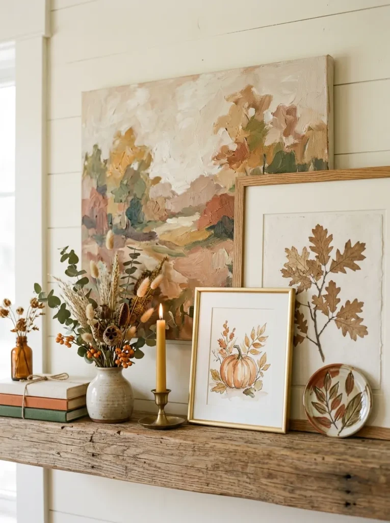 Close-up of layered frames and seasonal art styled casually on a mantle
