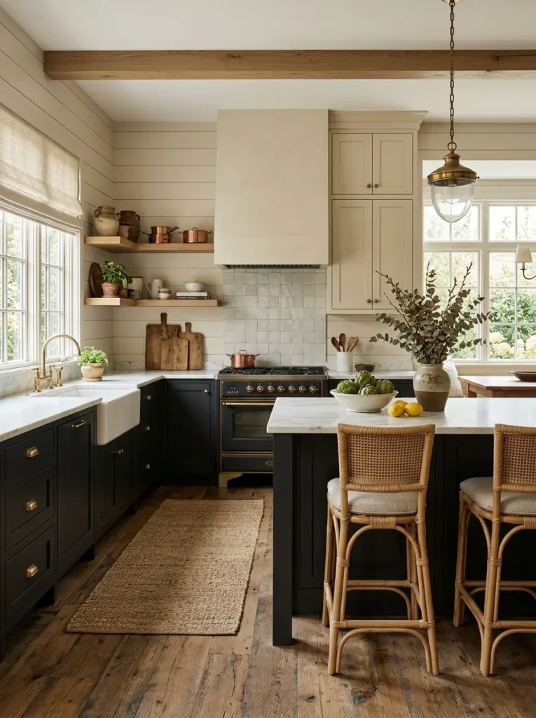 Soft oatmeal and greige kitchen palette with darker lower cabinets in a timeless farmhouse design.