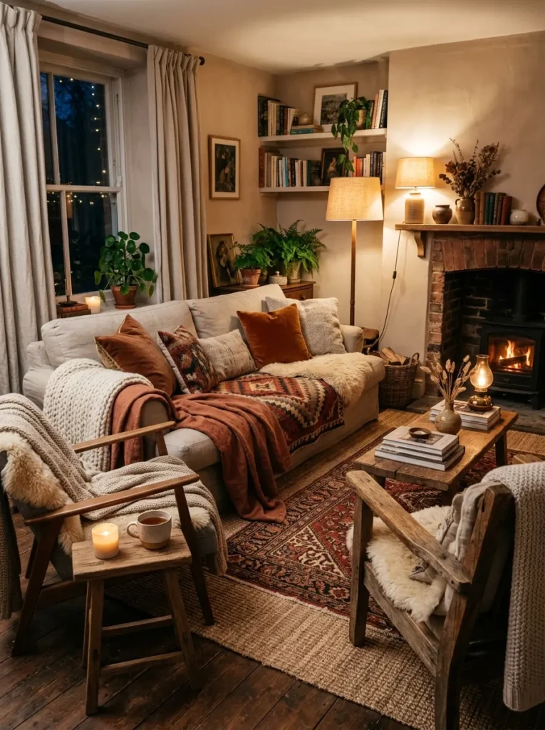 Cozy space with layered rugs, throws, cushions, and mixed materials like linen, wool, and wood creating depth and warmth