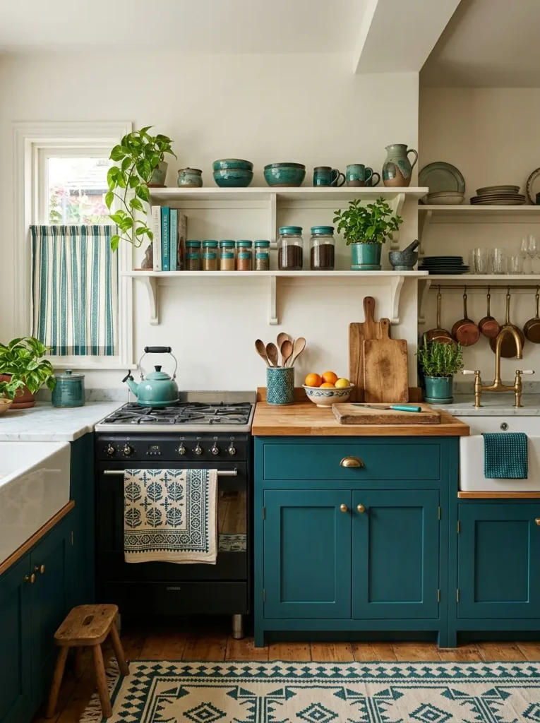 Kitchen styling with repeated color accents across cabinets, textiles, and accessories.