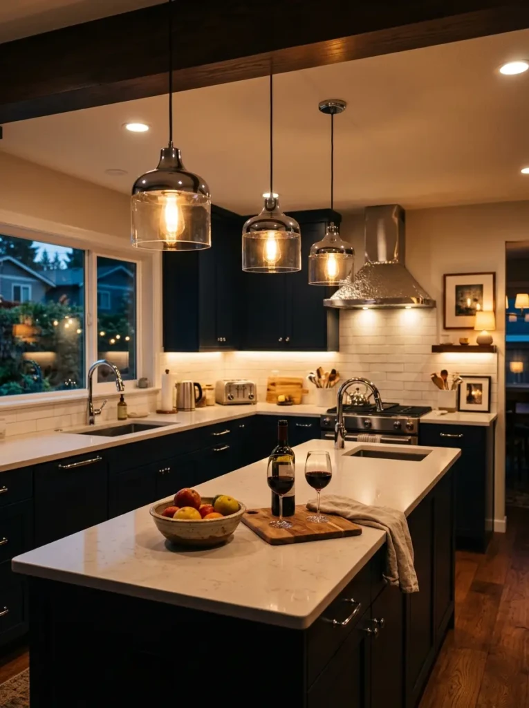 Kitchen interior with multiple warm light sources and vintage-style fixtures.