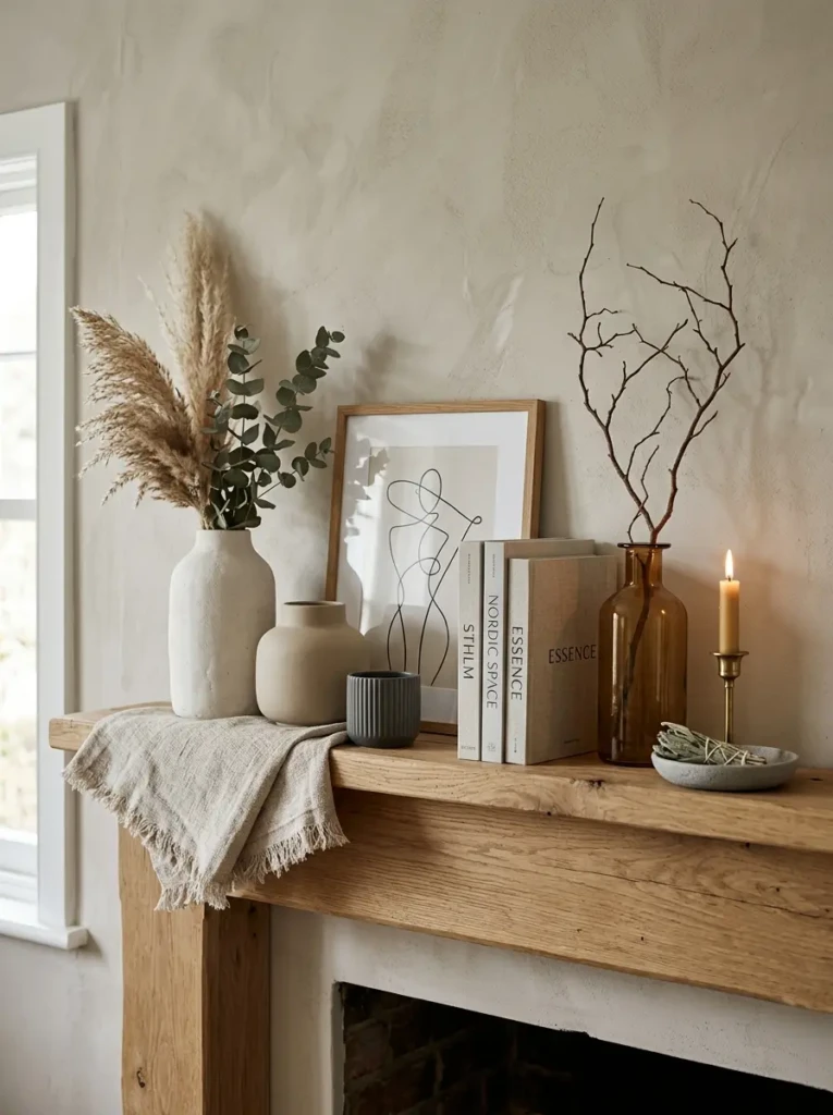 Close-up of neutral mantle decor showing layered textures, ceramics, and varying heights