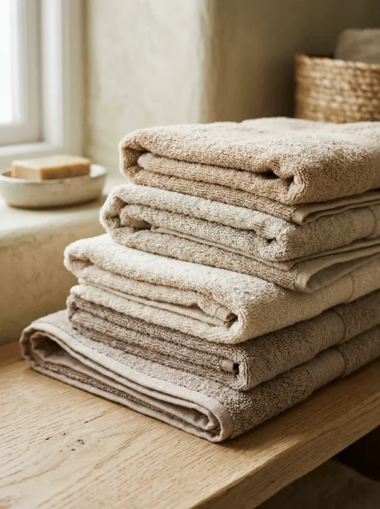 Close-up of beige-toned towels layered together with subtle texture variations.