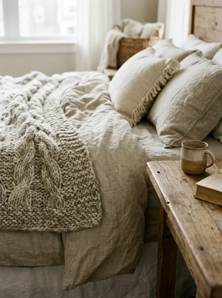 Close-up of linen bedding, soft throws, and wooden elements creating depth in a neutral bedroom palette