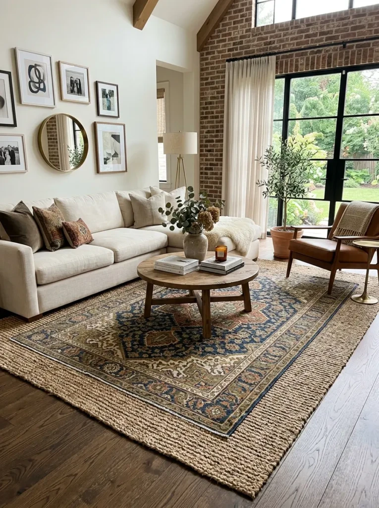 Patterned rug layered over a jute base rug in a stylish designer living room.