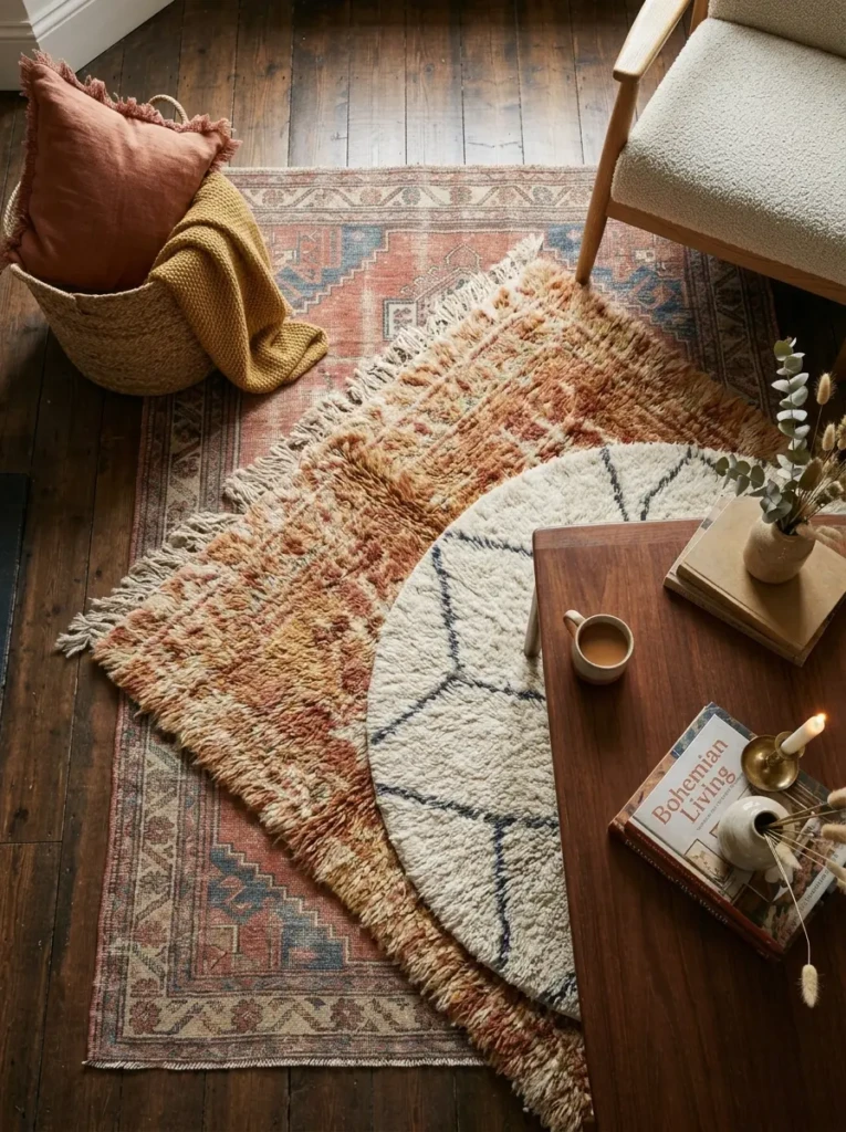 A top view of layered rugs with high-pile textures and subtle vintage patterns in warm tones.