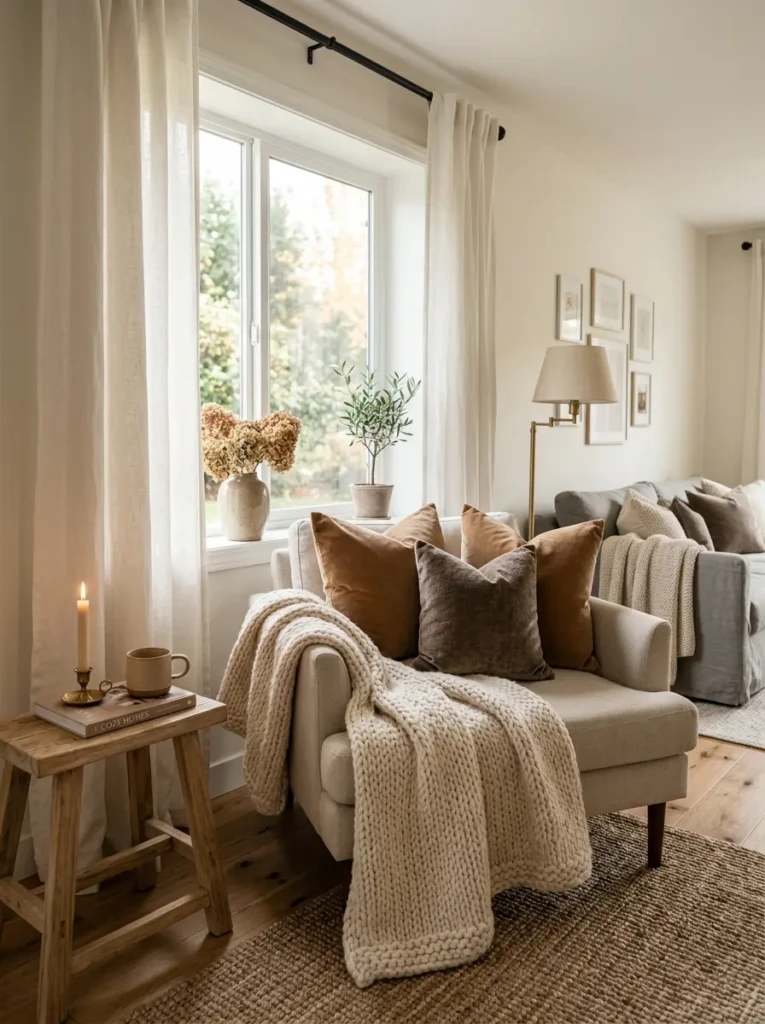 Linen curtains, knit throws, and soft cushions layered for a cozy and inviting modern space.
