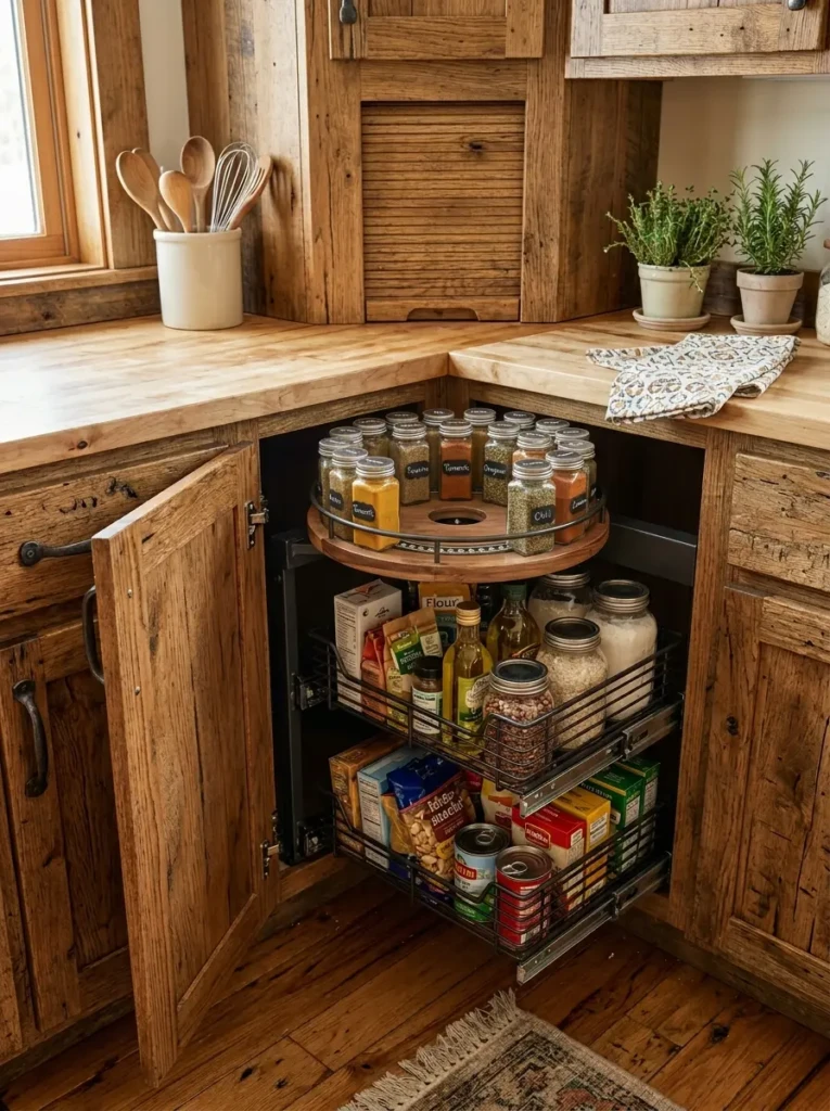 Corner cabinet with rotating lazy Susan trays, spice storage, and rustic farmhouse cabinetry.