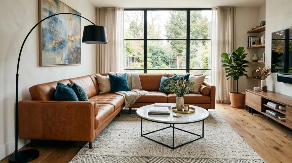 Cognac leather sectional living room styled with teal velvet cushions, marble coffee table, oak flooring, and elegant lighting.