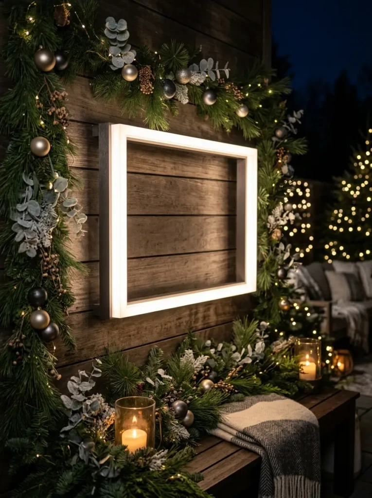 Close-up of a glowing LED frame in a clean and minimalist outdoor Christmas setup