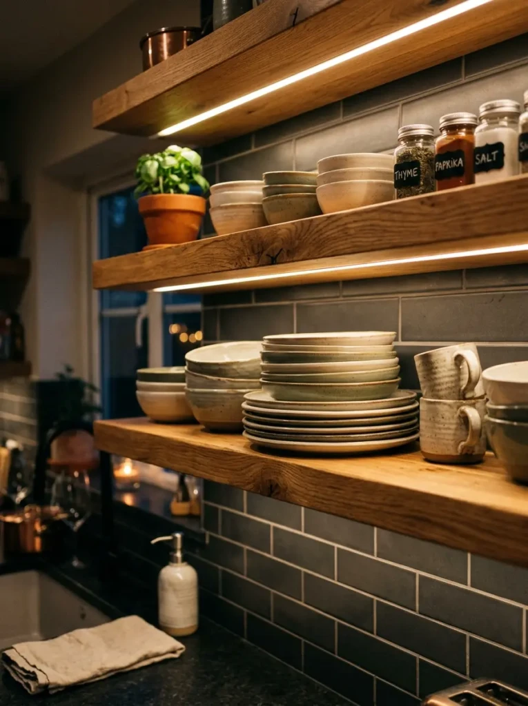 Close-up of warm white LED strip lights under floating shelves enhancing wood grain and dishes.
