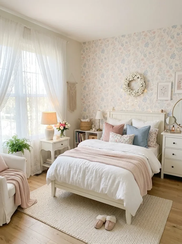 A light and dreamy bedroom with pastel wallpaper, sheer curtains, white furniture, and soft natural lighting.