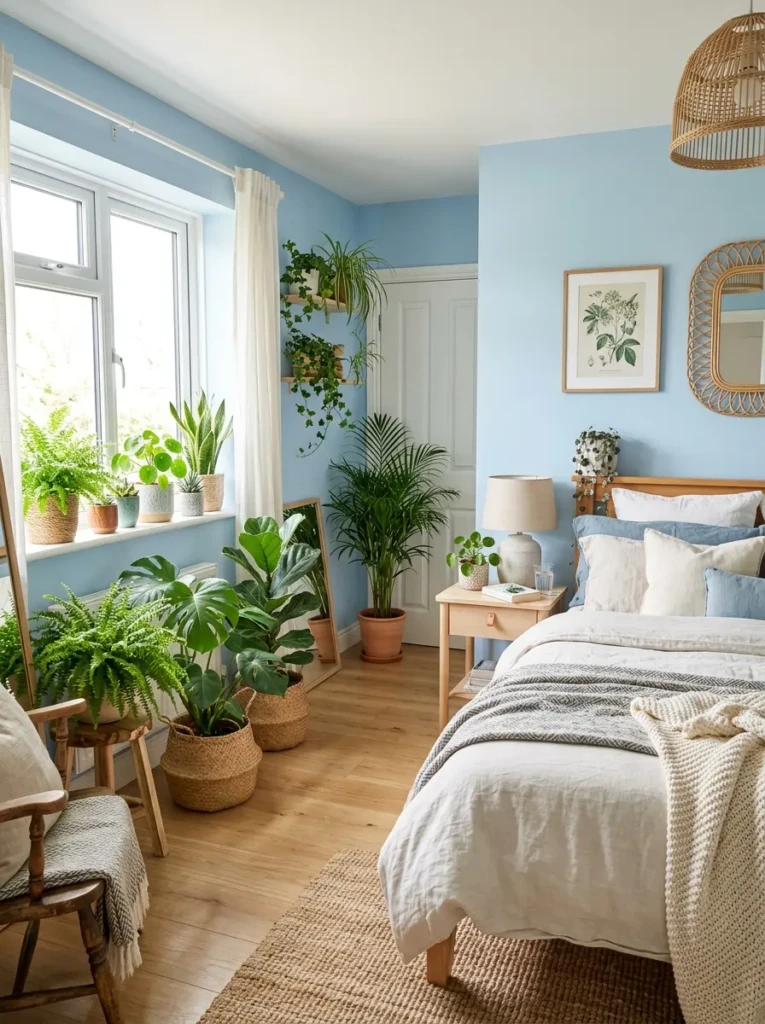 Fresh bedroom with light blue walls and indoor plants adding natural contrast and a vibrant, calming atmosphere