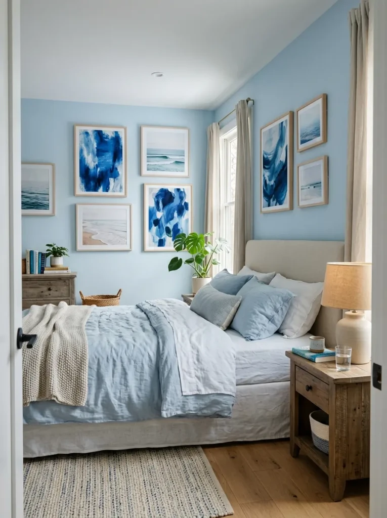 Bedroom with light blue walls and simple abstract artwork in soft tones adding a calm and personal touch