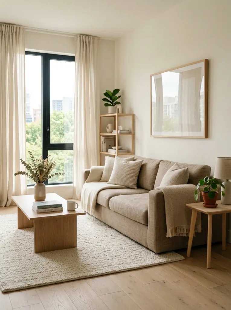 Airy Scandinavian-style living room with a light brown sofa, pale wood furniture, ivory rug, and soft linen curtains.