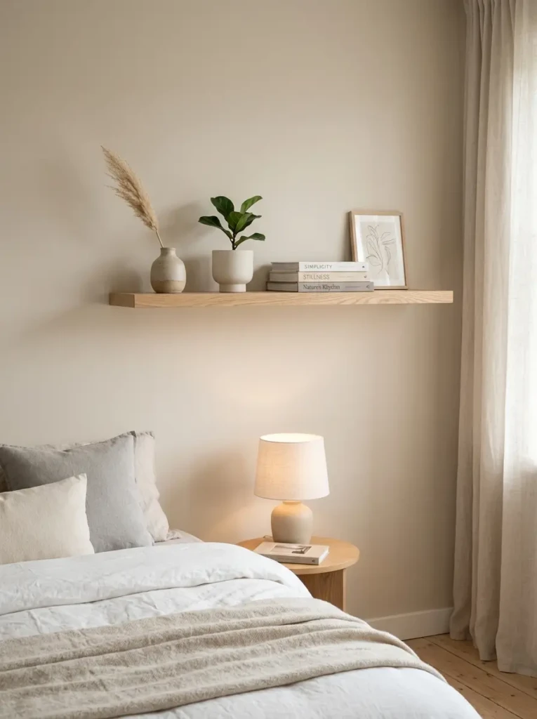Light oak floating shelf with soft beige decor and open negative space in a calm bedroom.