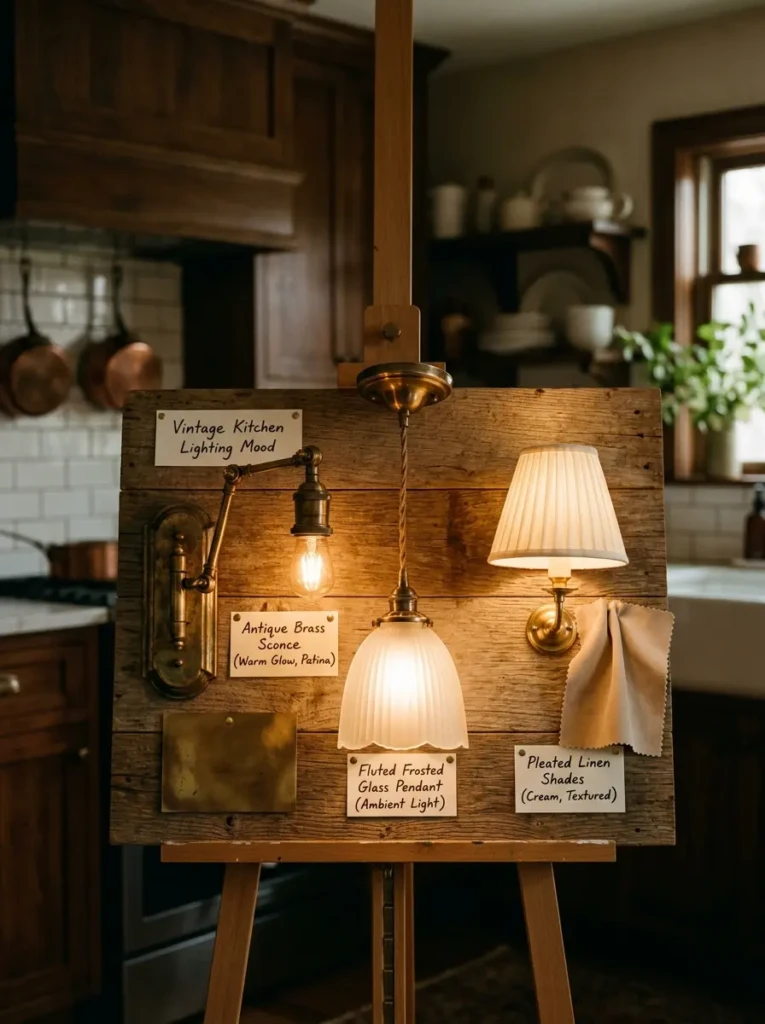 A collection of antique brass sconces, frosted pendants, and pleated shades for vintage kitchen lighting inspiration.