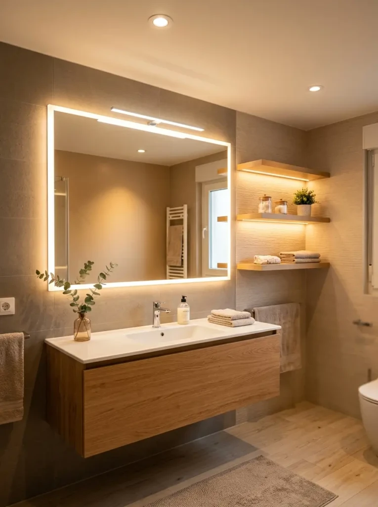 Layered lighting with ceiling light, mirror light, and LED strips in a modern bathroom