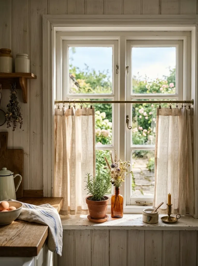 Linen café curtains filtering sunlight in a tiny farmhouse kitchen.