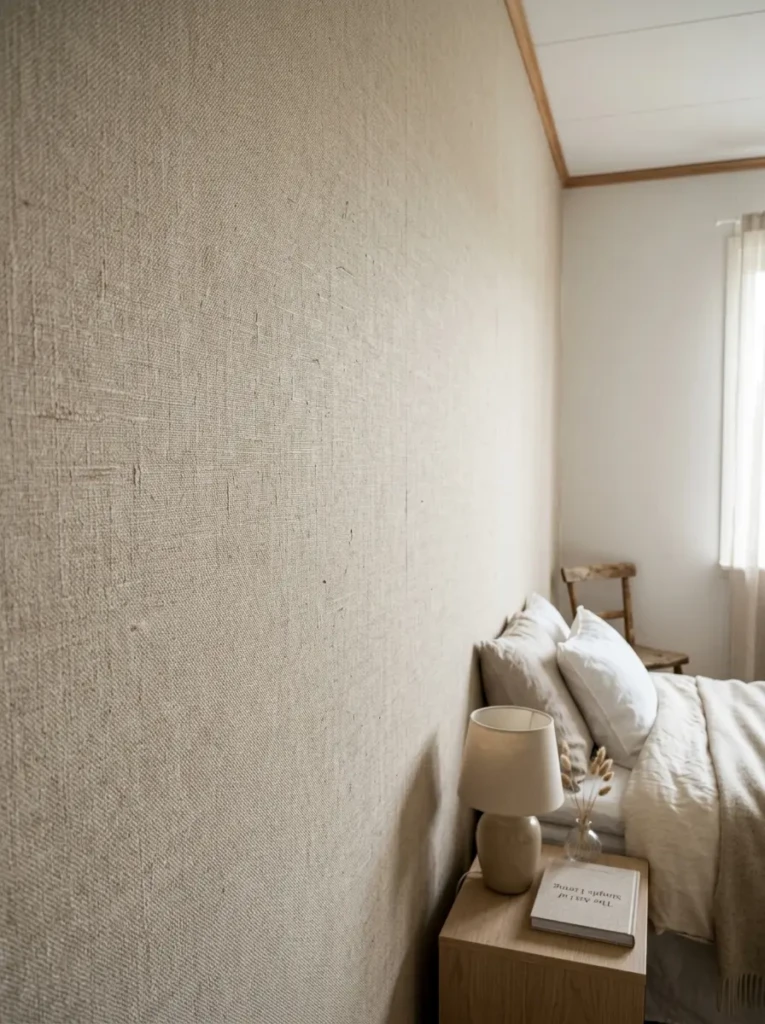 Close-up of neutral linen-textured wallpaper in a small bedroom with soft lighting and subtle depth