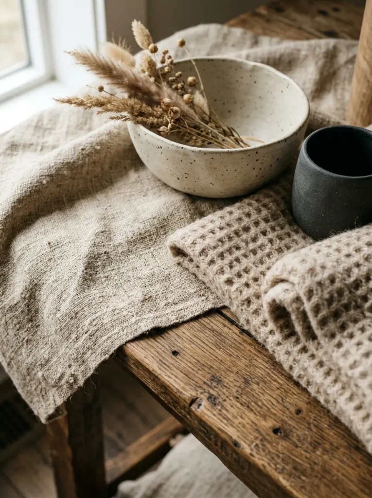 A close-up of bathroom materials like linen, wood, and ceramics styled in warm earthy tones