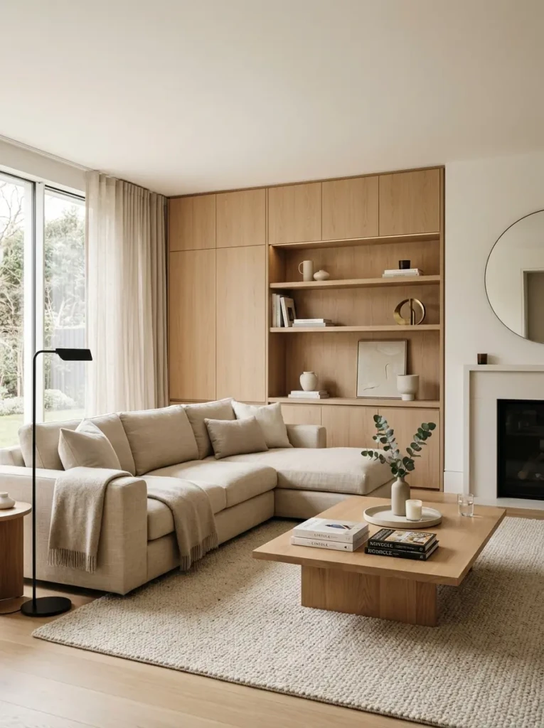 Clean elegant living room with clutter-free surfaces, built-in shelves, soft beige tones, and carefully styled minimal decor.