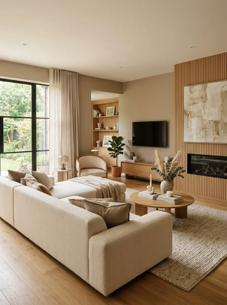 Warm beige contemporary living room featuring cream sofa, oak accents, and layered neutral textures.