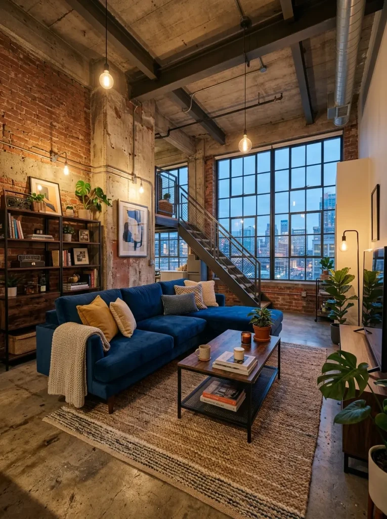 Modern industrial living room with a blue couch, exposed metal, concrete textures, and soft textiles balancing the space