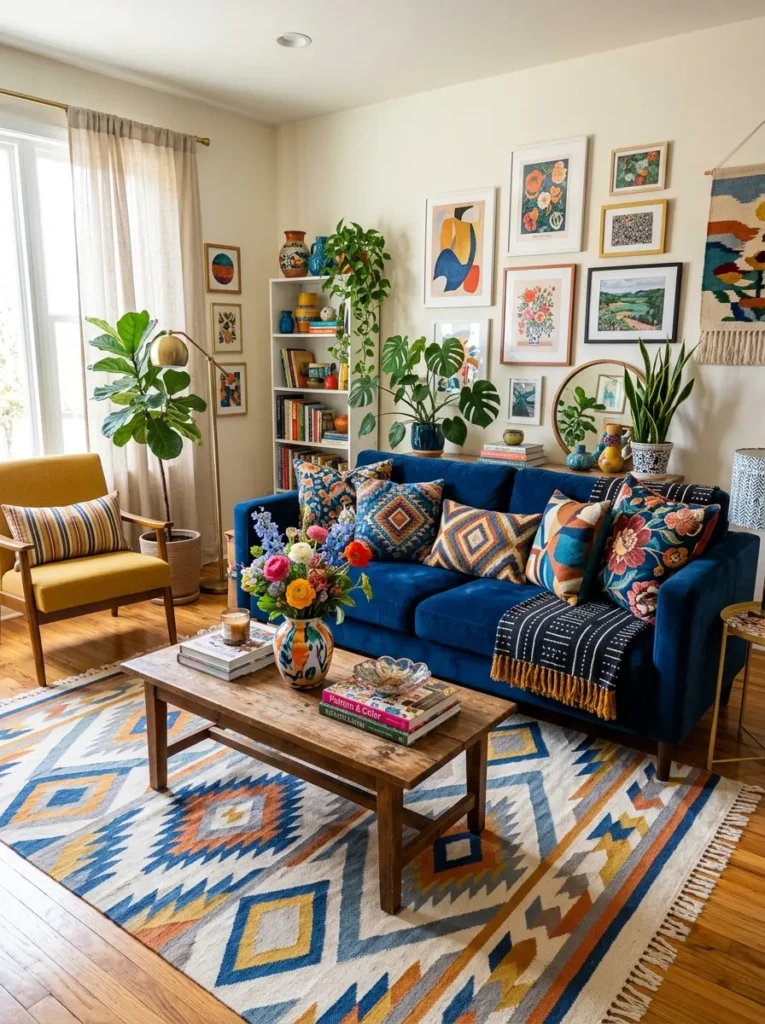 Vibrant living room featuring a blue couch, patterned cushions, geometric rug, and mixed prints in a playful and cohesive design