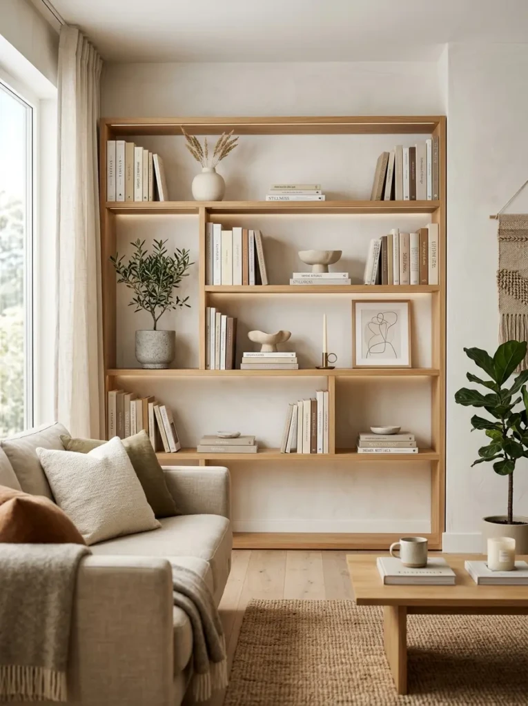 Modern bookshelf styled with books, ceramics, and balanced decor in a warm living room.
