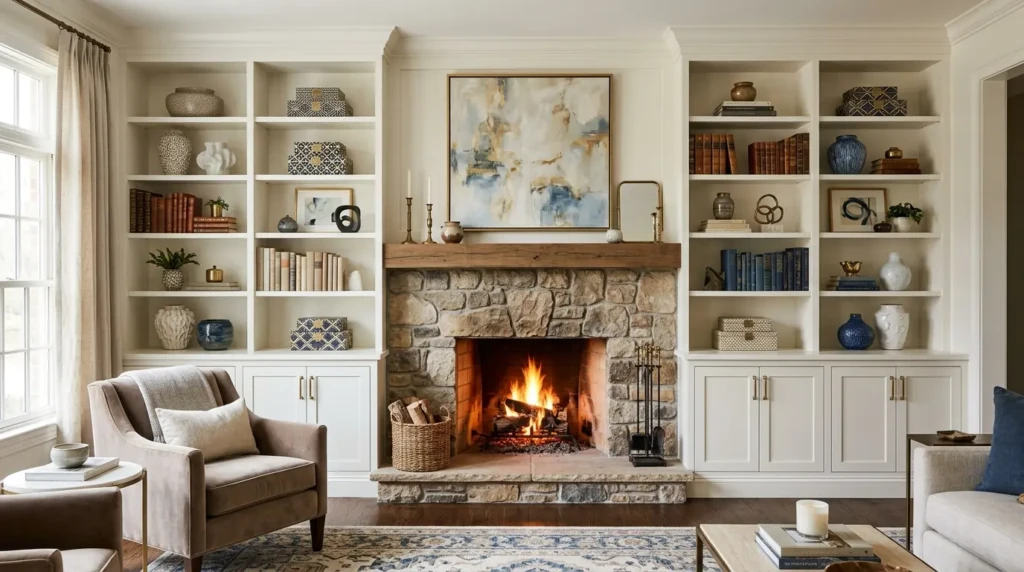 elegant living room built ins with fireplace shelves, decorative patterned boxes, books, ceramic vases, and cozy lighting