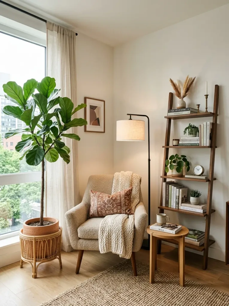 A decorated living room corner with a tall plant, ladder shelf, reading chair, and floor lamp.