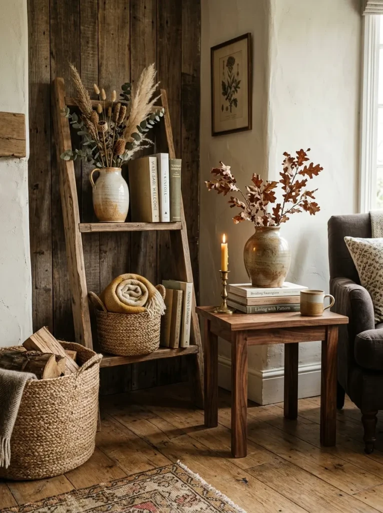 Styled rustic living room corner with layered wood finishes, shelving, ceramic vase, and woven basket.