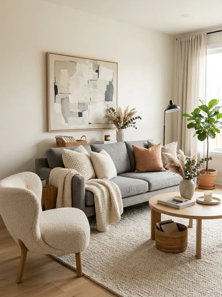 Grey linen sofa styled with textured pillows, cozy throw blanket, accent chair, and modern wall art.