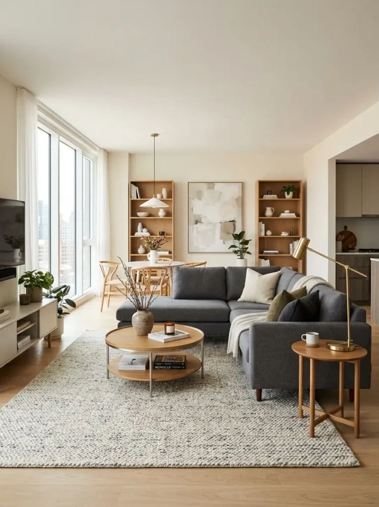 Functional living room couch placement with grey sofa centered in open layout and round coffee table.