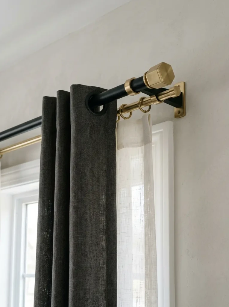 Close-up of stylish living room curtain rods in matte black and brass with layered curtains and elegant window treatment details.