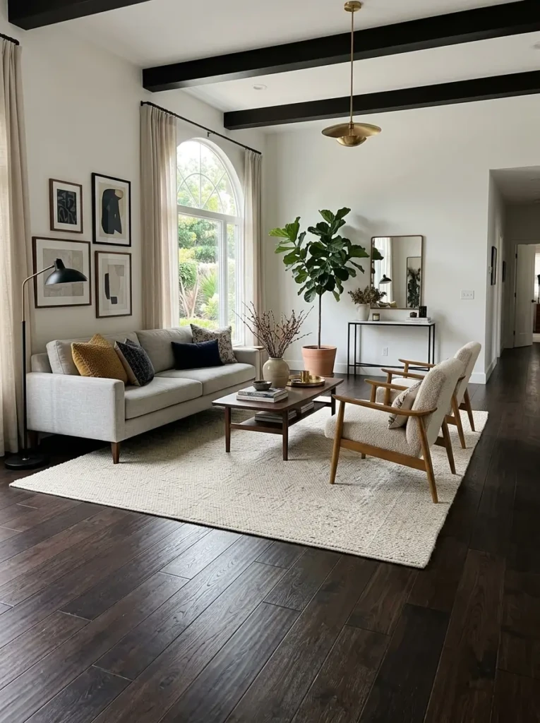 Light living room rug contrasting beautifully with dark wooden flooring.
