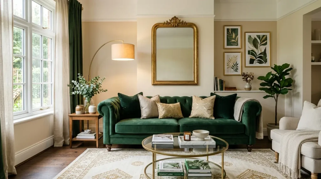 Deep green velvet sofa paired with gold-framed mirror, brass lighting, layered cushions, and a neutral rug in an elegant living room setup.