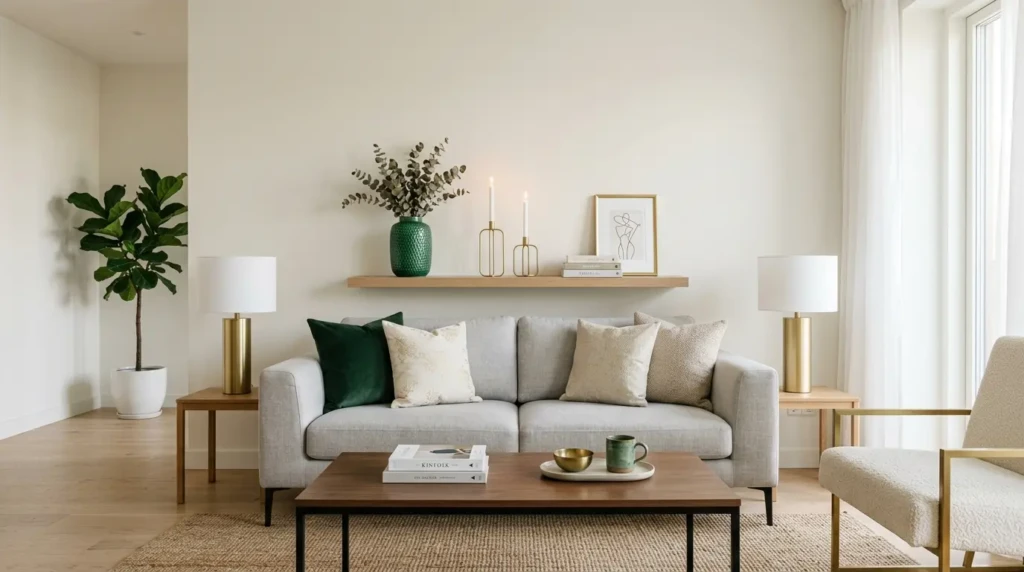 A minimalist living room featuring green and gold accents, clean-lined furniture, symmetrical lamps, and uncluttered shelf styling.