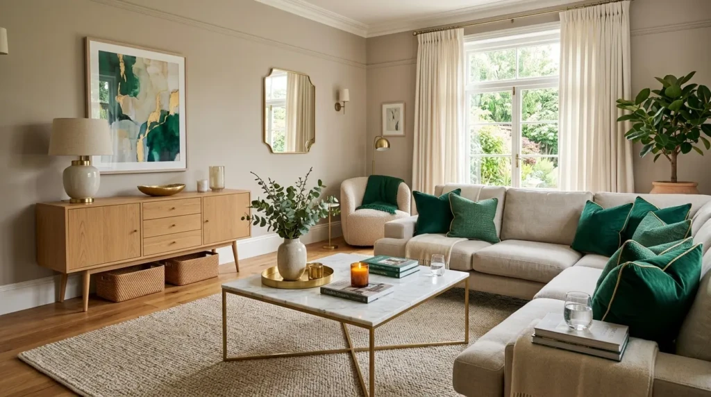 Neutral-toned living room with beige rug, ivory curtains, marble table, and subtle green and gold decorative accents.