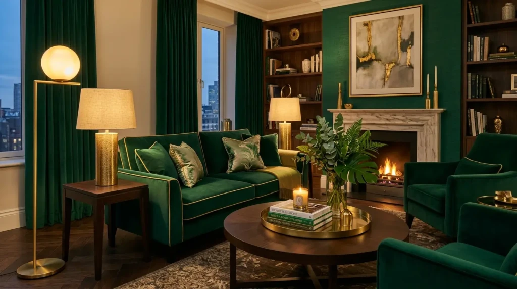 A luxury living room featuring green and gold accessories, layered warm lighting, decorative tray, books, and fresh greenery.