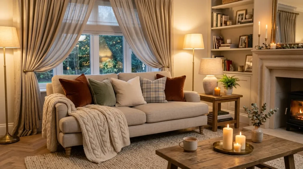 elegant living room decor cozy style with knit throws, velvet pillows, candles, warm lighting, and layered neutral textures